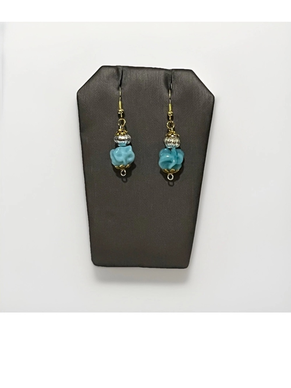 Handmade Turquoise Color Flower Dangle Earrings Gold Tone Hook Artisan Beaded